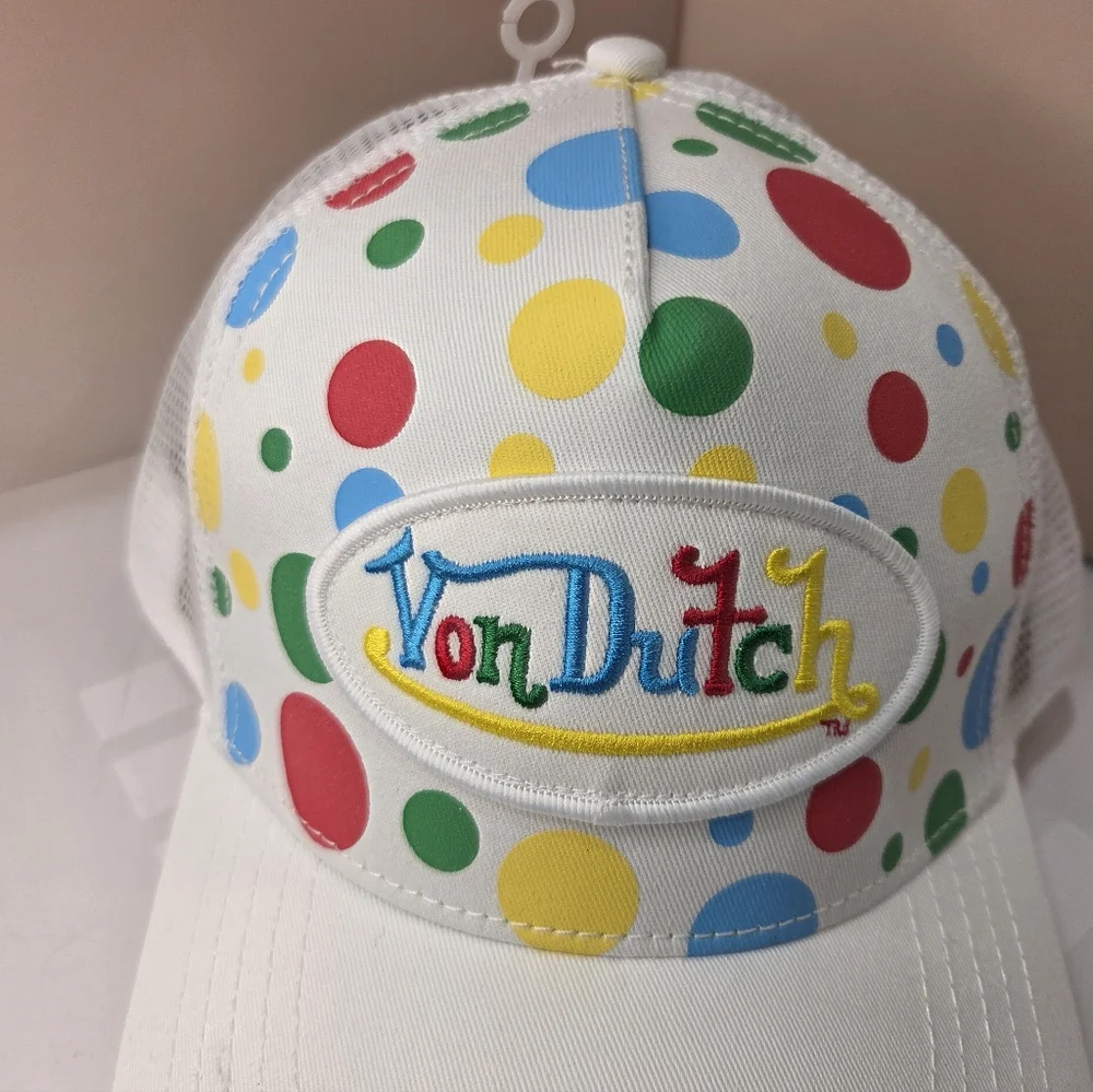 🤍▪️Von Dutch▪️ Polka Dot Trucker Hat White Mesh Adjustable Cap NWT